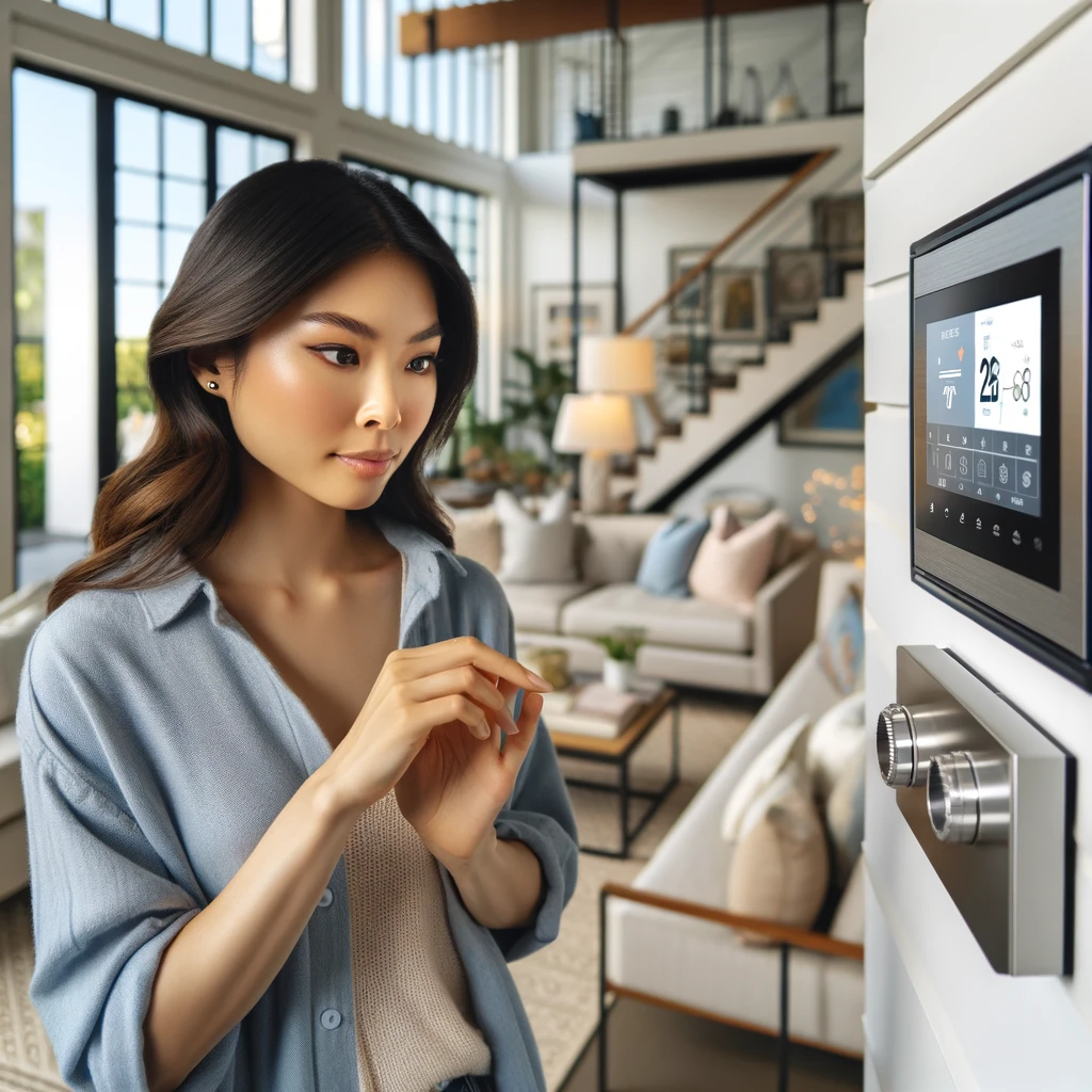 Homeowner in Pasadena adjusting a central AC thermostat when AC is not cooling in a contemporary living room, highlighting engagement in home maintenance and personal responsibility