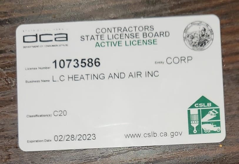 Certified LC Heating and Air license logo for HVAC services.