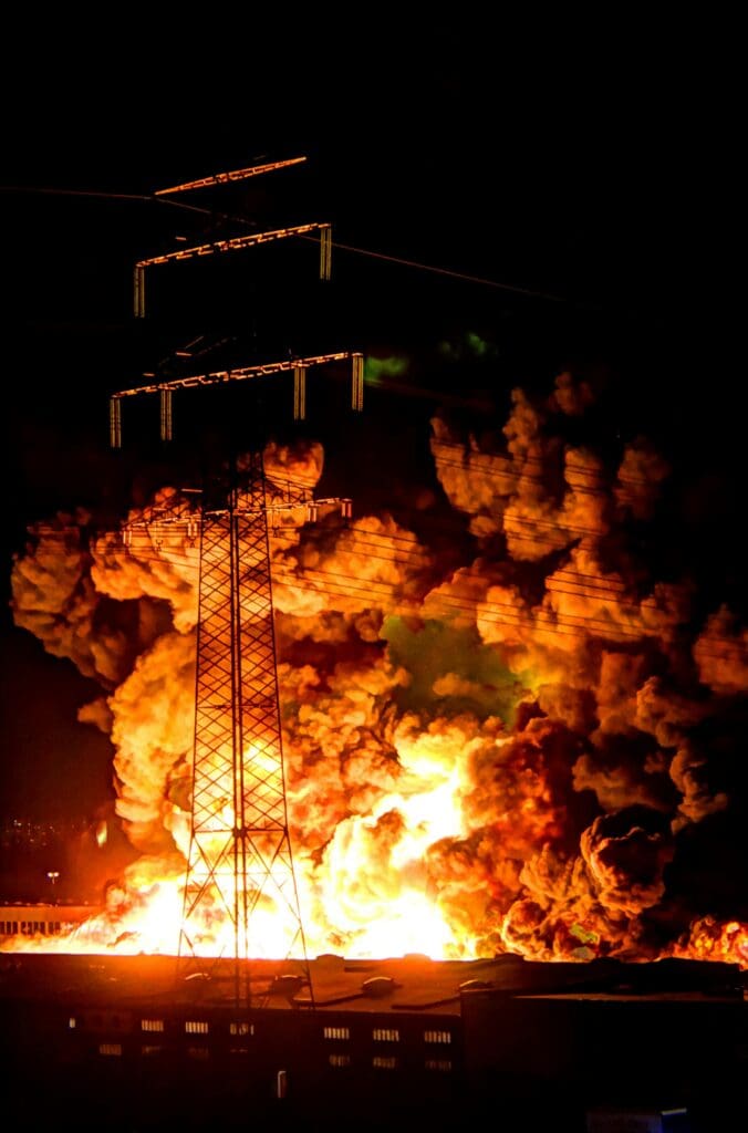 A powerful nighttime explosion at a factory with flames and smoke under power lines.