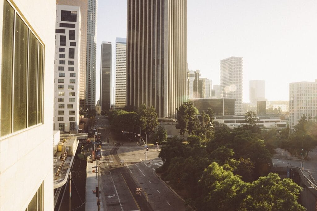 los angeles, usa, america, city, skyscrapers, urban, buildings, architecture, downtown, street, financial, modern, sunset, nature, roads, trees, sunshine, towers