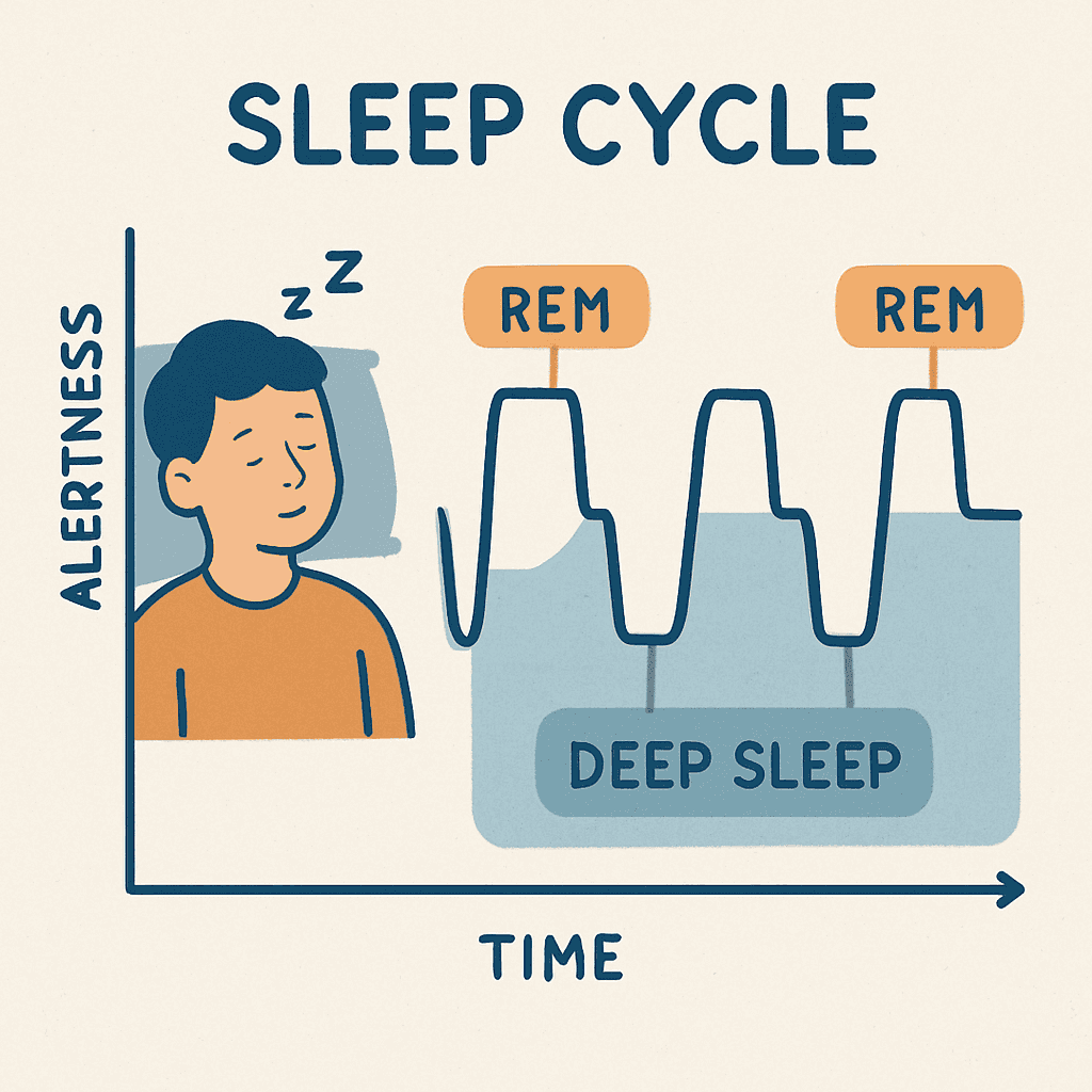 Illustration of the sleep cycle highlighting effective techniques to sleep faster, including REM and deep sleep phases