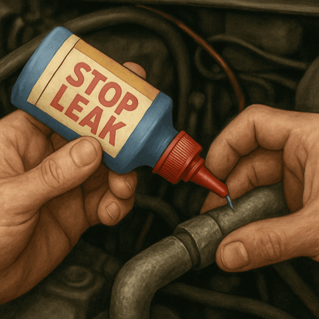 Hands applying stop leak