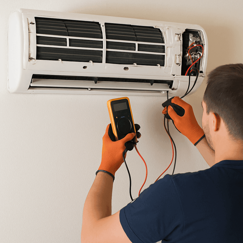 Electric air conditioner being serviced