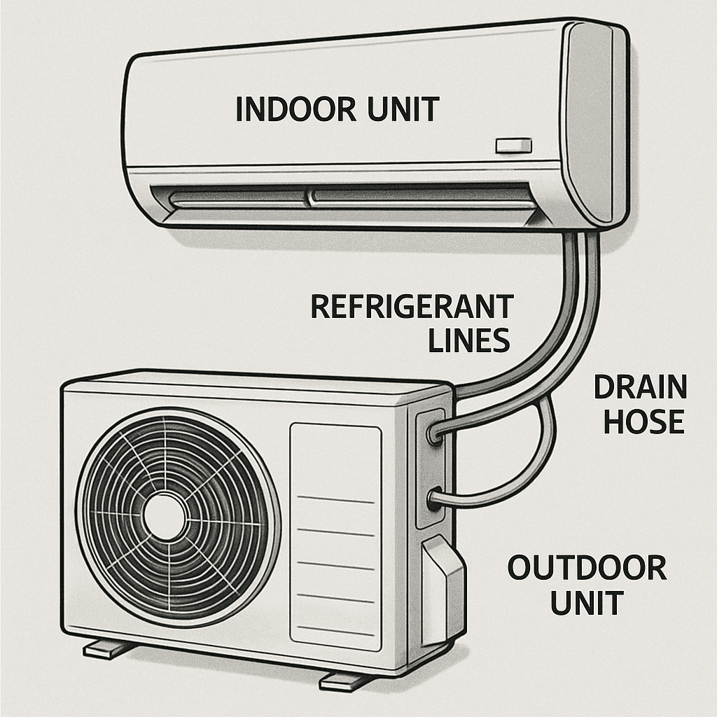 Components of a mini split system, showing the indoor and outdoor units