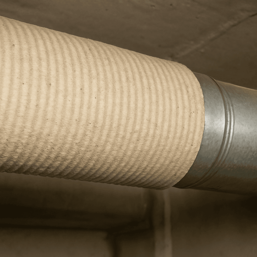 A clear, well-lit photo of intact, corrugated paper-style asbestos wrap on a metal air duct. The wrap is not damaged or flaking