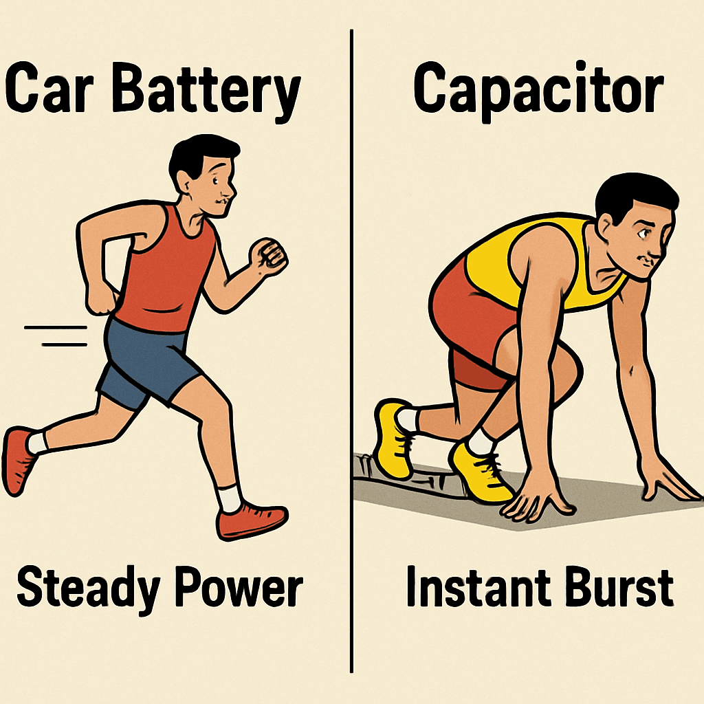 A simple side-by-side comparison image. Left side shows a cartoon marathon runner labeled "Car Battery (Steady Power)". Right side shows a cartoon sprinter in a starting block labeled "Capacitor (Instant Burst)"