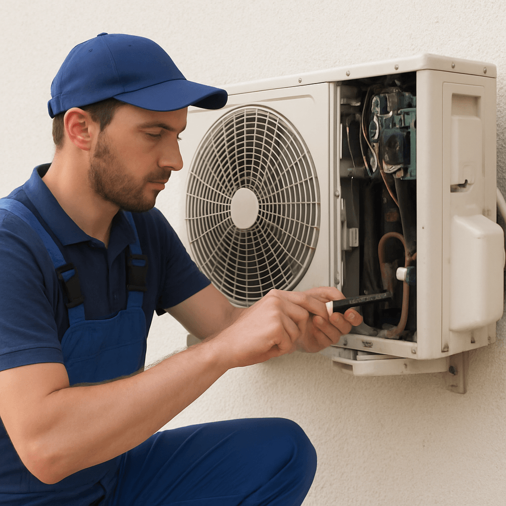 Technician repairing an air conditioning unit
