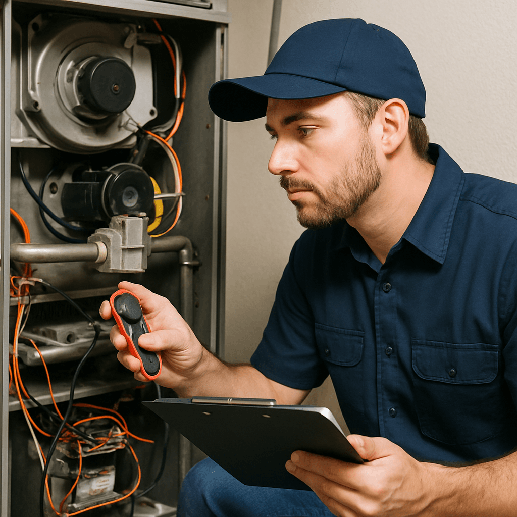 Technician examining a furnace